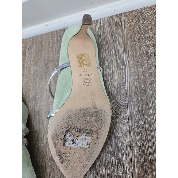 Jennifer Tattanelli Heeled Pump Light Green Silver Straps 3.25" Women's 37 US 7 - Picture 12 of 13